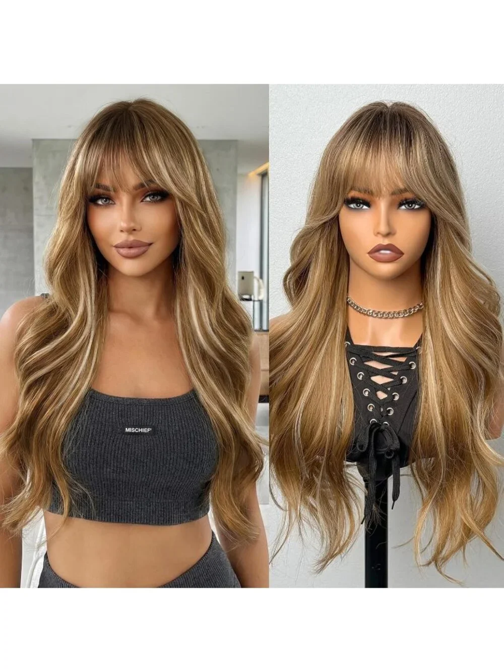 Women's Light Brown 24 Inch Heat Resistant Synthetic Short Wavy Long Curly Wigs - Picture 1 of 6